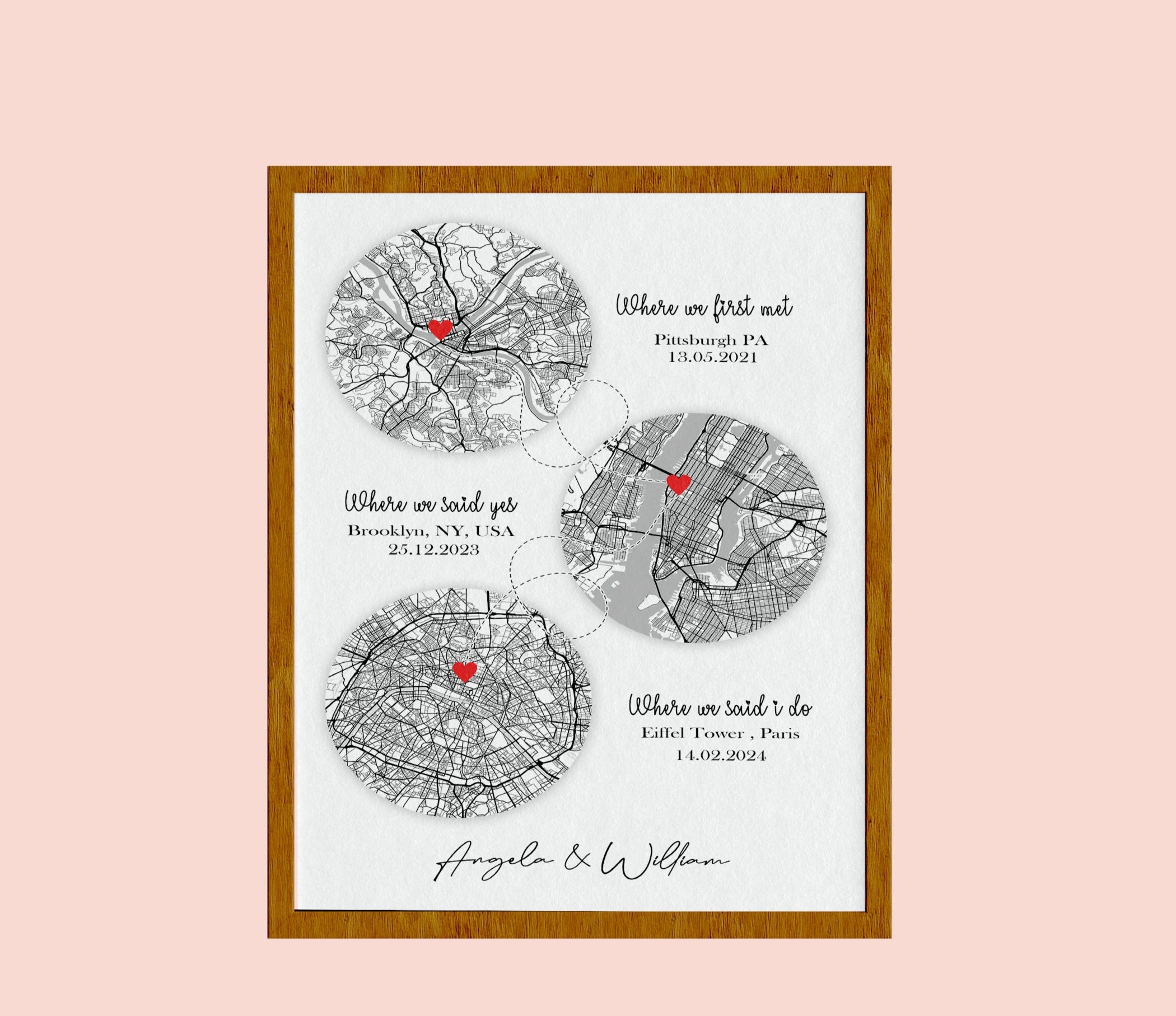 Met - Engaged - Married Gift, Hello - Will You - I Do location Map for anniversary gifts, 1st Anniversary Paper Gift, Our Story Map Print