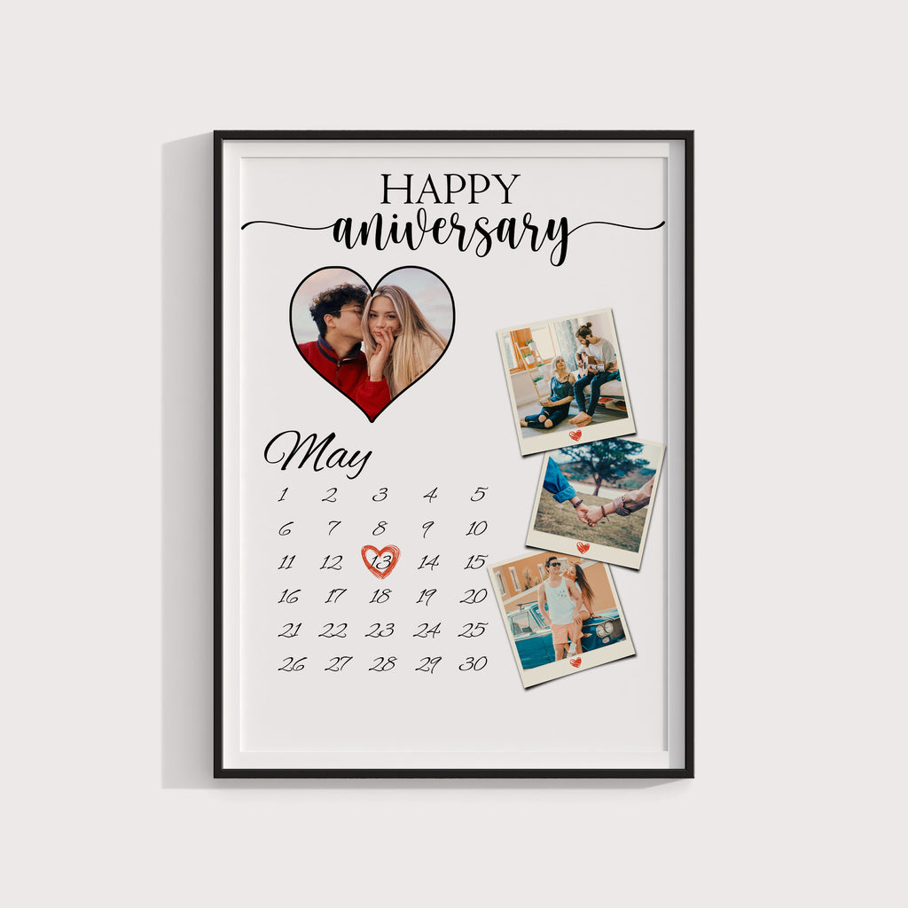 Custom Year Anniversary Gift, Personalized Geart Shaped and 3 Polaroid with Where it all began month and date marking gift