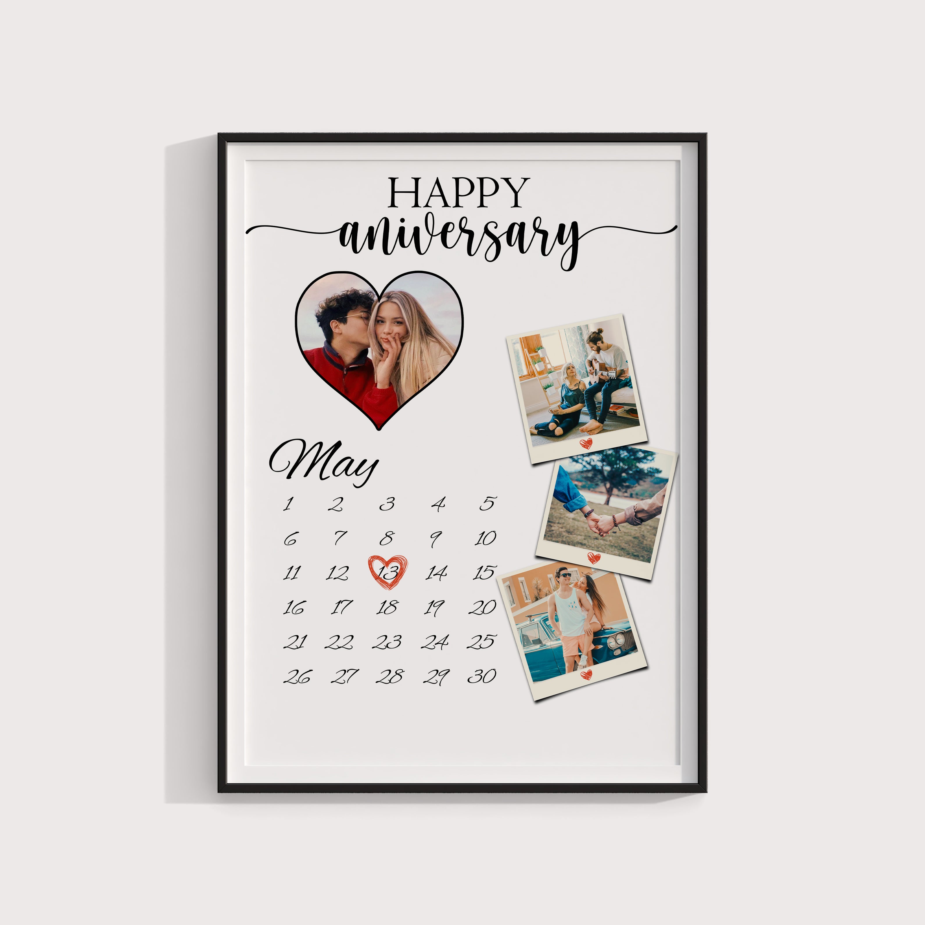 Custom Year Anniversary Gift, Personalized Geart Shaped and 3 Polaroid with Where it all began month and date marking gift