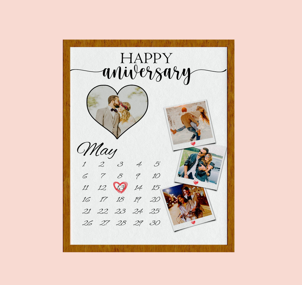 Custom Year Anniversary Gift, Personalized Geart Shaped and 3 Polaroid with Where it all began month and date marking gift