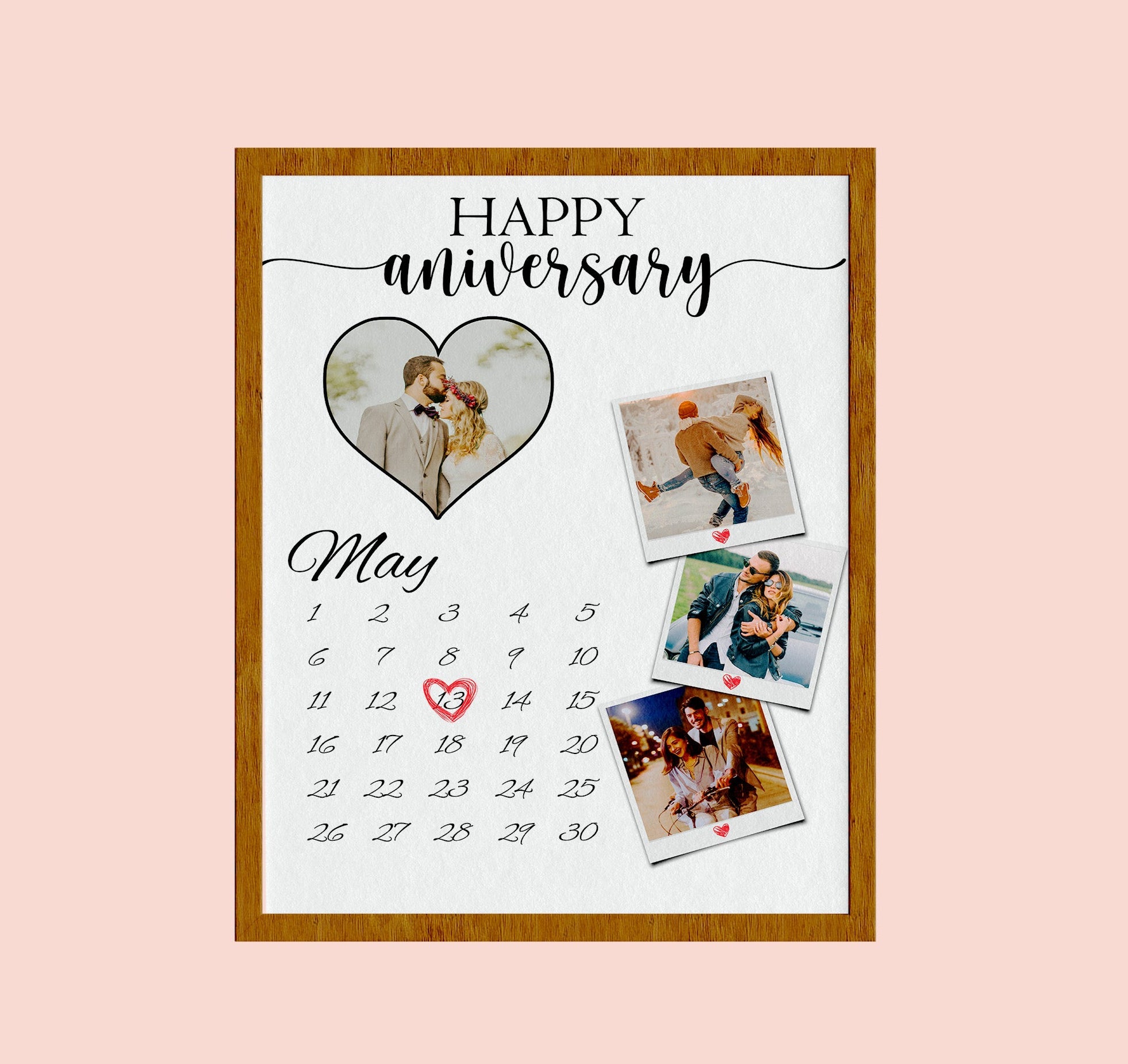 Custom Year Anniversary Gift, Personalized Geart Shaped and 3 Polaroid with Where it all began month and date marking gift