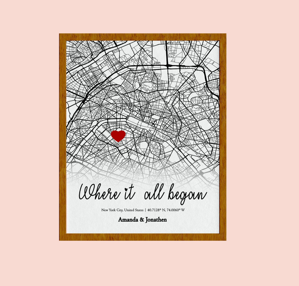 Where We Met Map/ Where it all began/ Couple Map/ Personalized Map Anniversary Gift