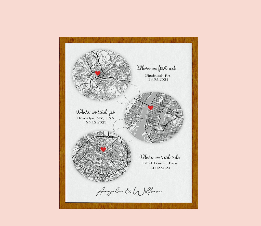 Met - Engaged - Married Gift,  Hello - Will You - I Do location Map for anniversary gifts, 1st Anniversary Paper Gift, Our Story Map Print