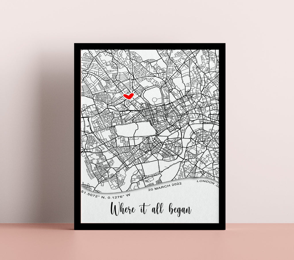 Personalized 'Where It All Began' Map – Custom First Date or Engagement Location Print, Unique Anniversary Gift