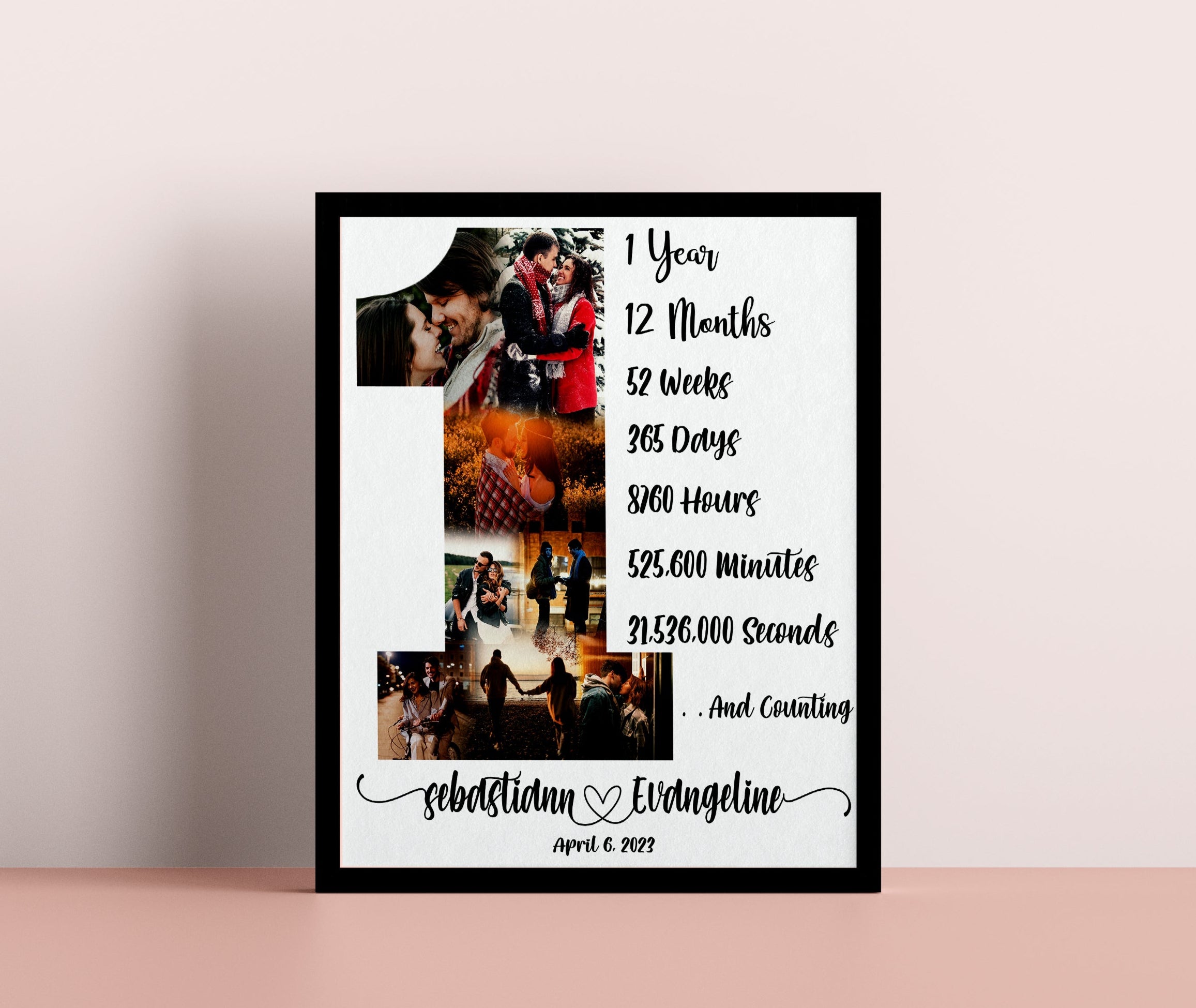 One Year Anniversary Gift, Personalized Couple Photo Art, Custom First Year Print, Romantic Gift for Him or Her