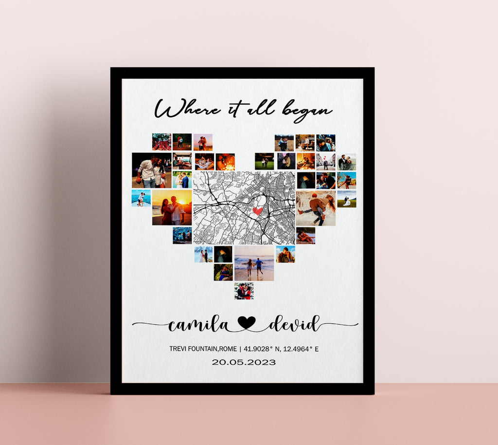 Personalized Heart Shaped Map for Long Distance Relationships, Valentine's Day Gift, 1 Year Anniversary Gift for Boyfriend