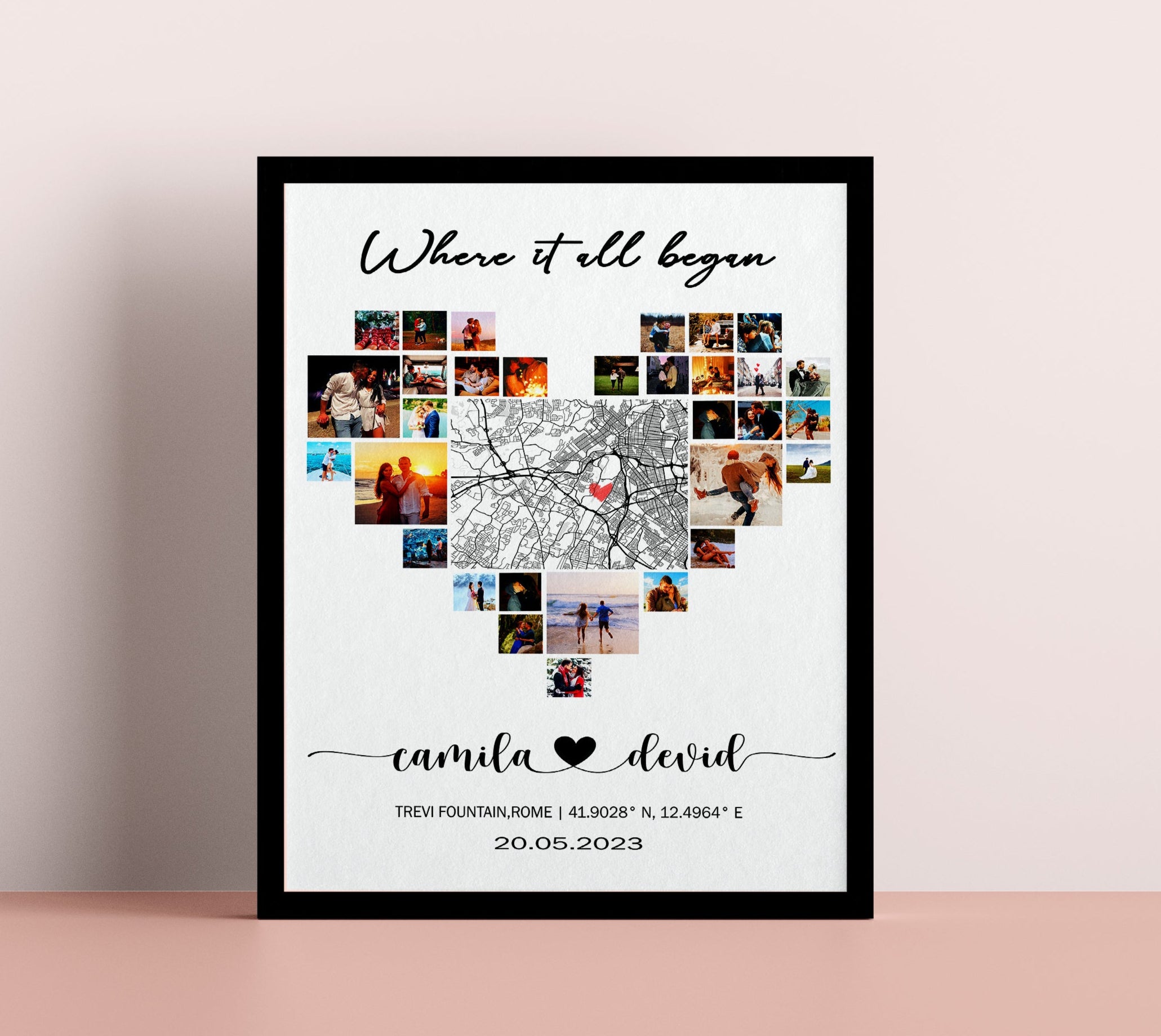 Personalized Heart Shaped Map for Long Distance Relationships, Valentine's Day Gift, 1 Year Anniversary Gift for Boyfriend
