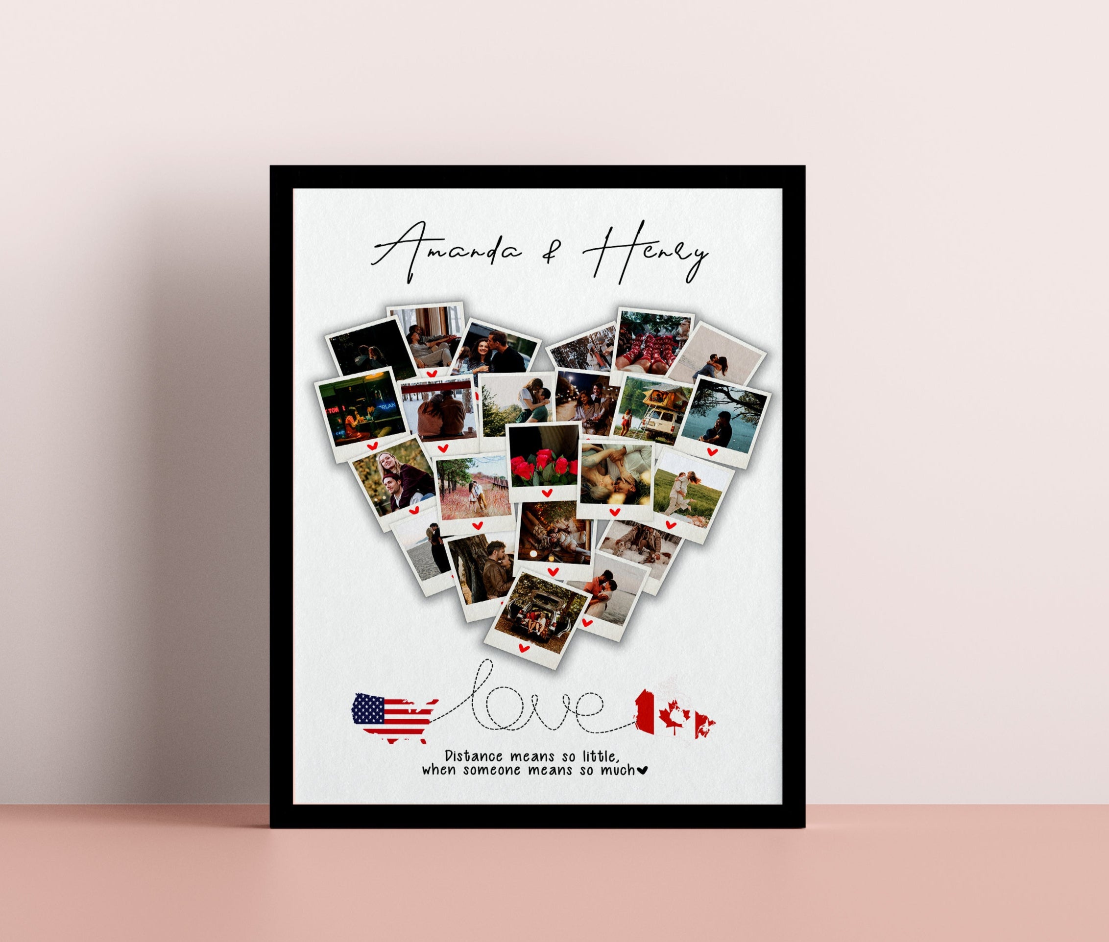 Heart Shaped Polaroid Map Art, Couple Photo Collage, Two Location Love Map, Personalized Anniversary Gift