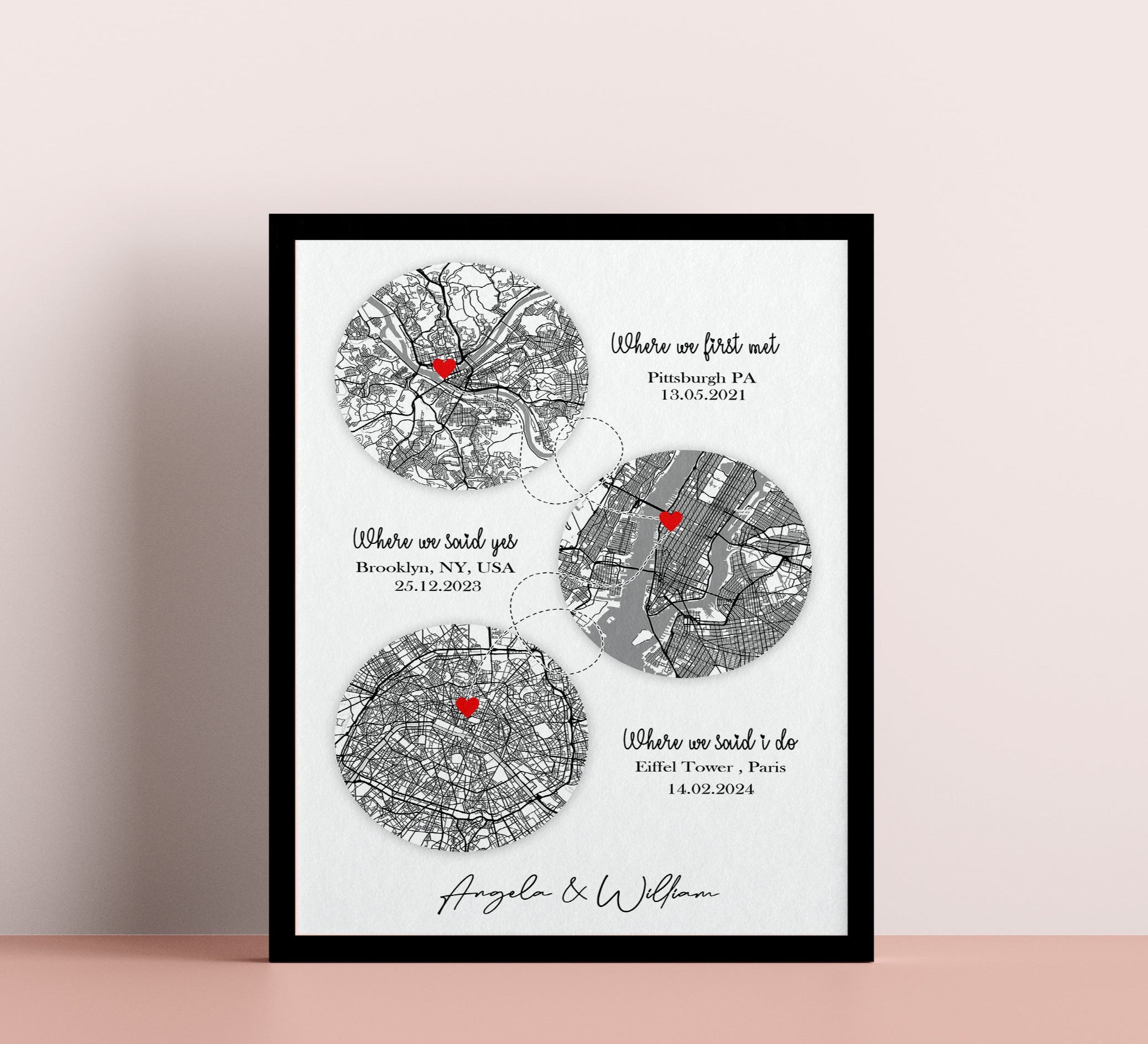 Met - Engaged - Married Gift,  Hello - Will You - I Do location Map for anniversary gifts, 1st Anniversary Paper Gift, Our Story Map Print