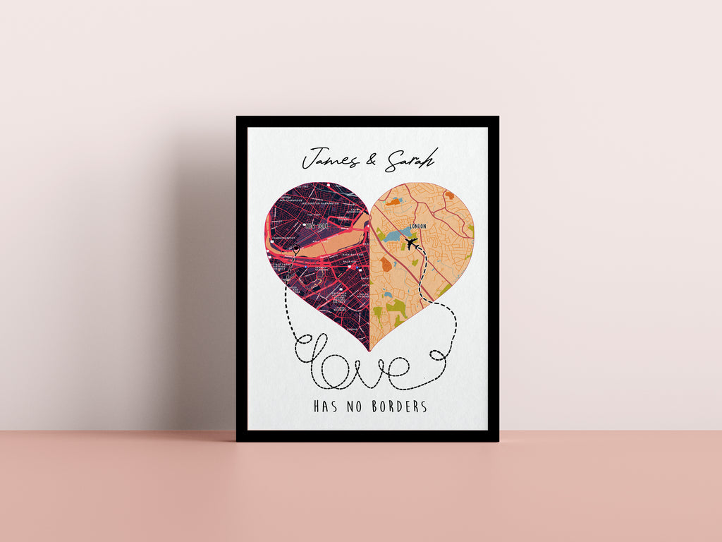 Custom Map Print 2 States | State to State Personalized Map Canvas | Custom Heart Map Poster | Long Distance Friend Gift | Moving Away Gift