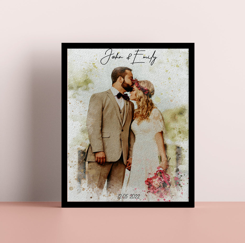 Framed artwork of a couple on their wedding day with a floral background.
