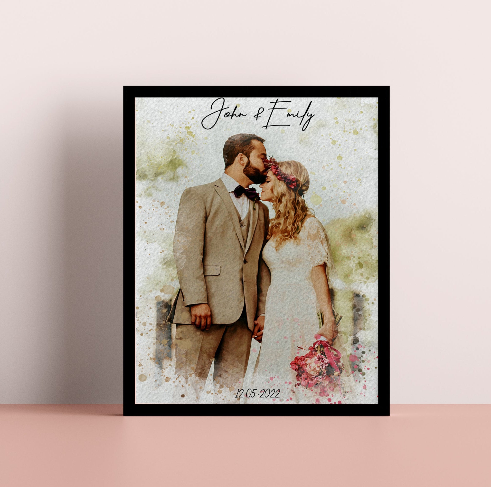 Framed artwork of a couple on their wedding day with a floral background.