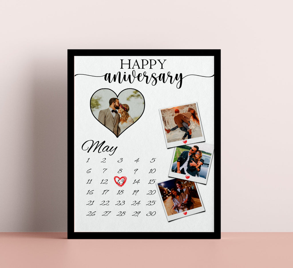Custom Year Anniversary Gift, Personalized Geart Shaped and 3 Polaroid with Where it all began month and date marking gift