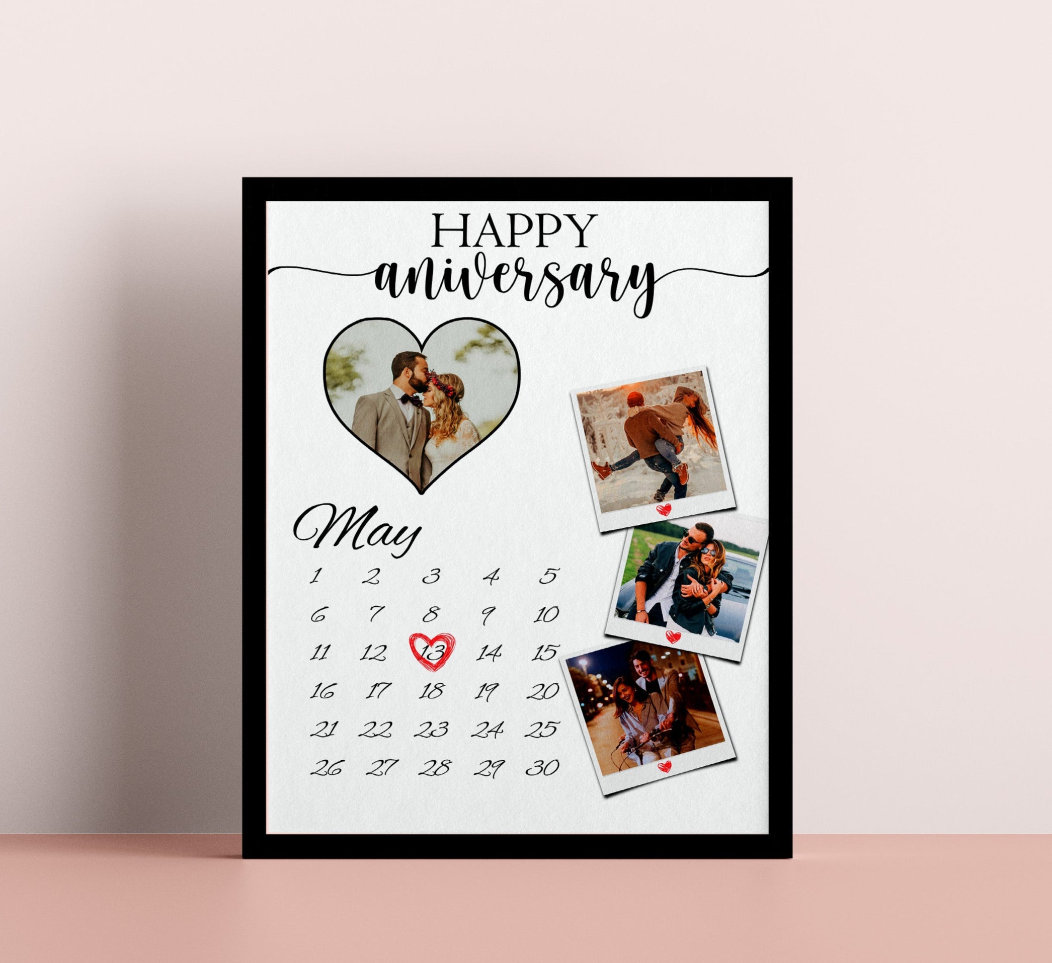 Custom Year Anniversary Gift, Personalized Geart Shaped and 3 Polaroid with Where it all began month and date marking gift